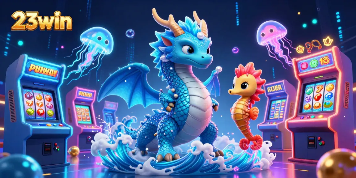 Experience thrilling gaming adventures with 23win's captivating casino-themed illustration featuring dynamic ocean characters.