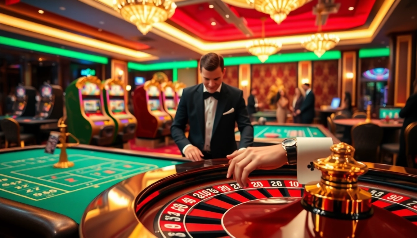 Experience the thrill of rr99 betting at a luxurious casino table with vibrant slot machines.