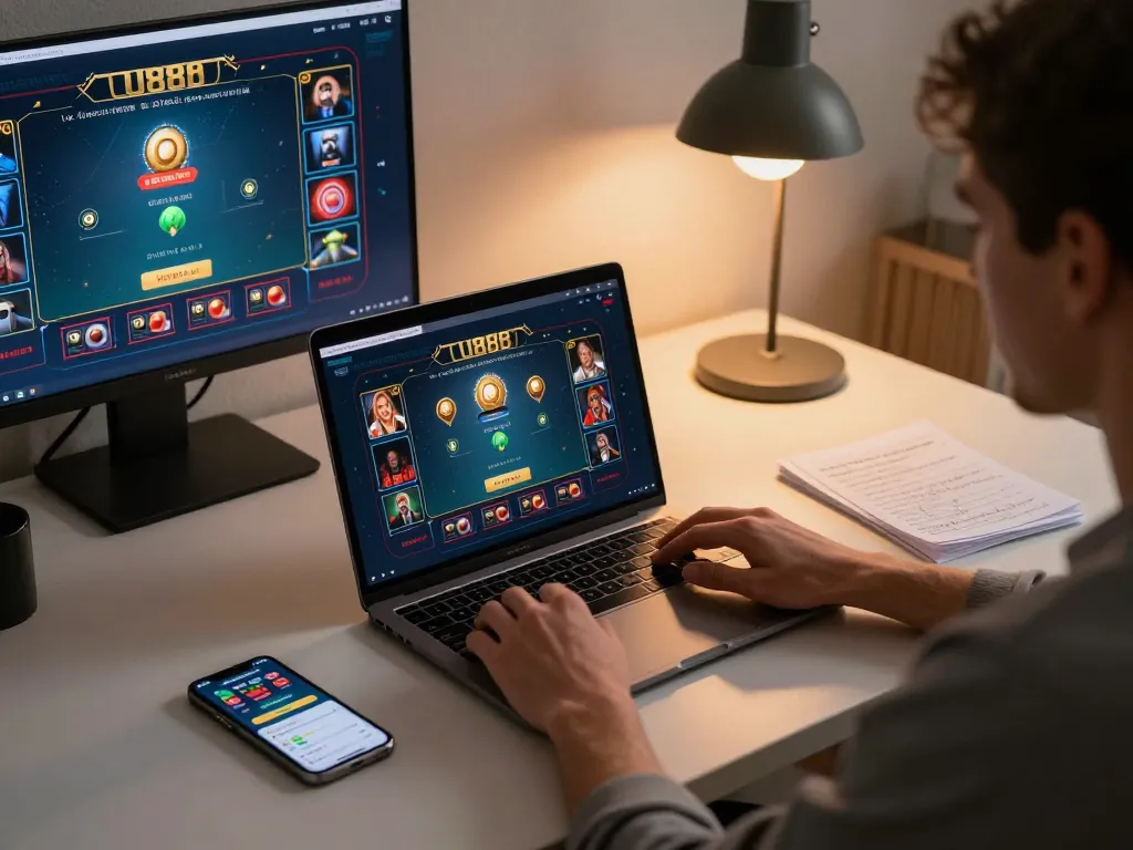 Playing U888 casino games on a sleek laptop, showcasing modern online gaming strategies