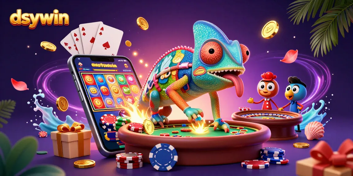 Play engaging baccarat on dsywin with colorful casino elements, including golden coins and a dynamic chameleon mascot.