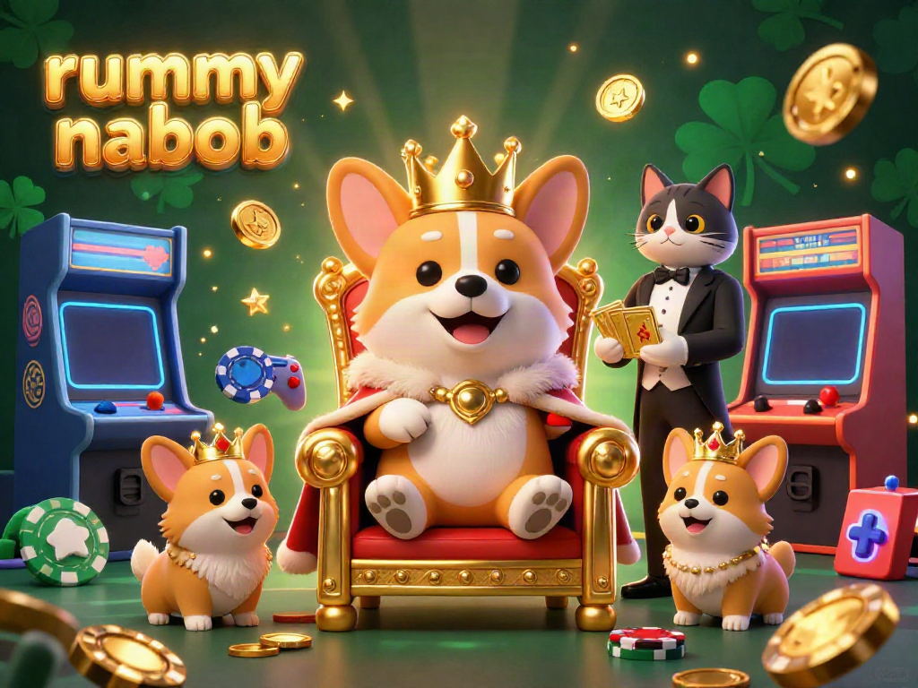 Rummy Nabob menawarkan pengalaman bermain seru dengan ilustrasi 3D corgi kerajaan dan elemen permainan kasino yang memikat.