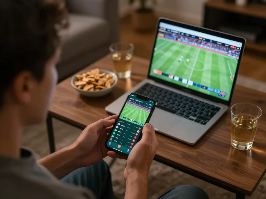Bj88 sports betting on mobile device during live football match with vibrant atmosphere