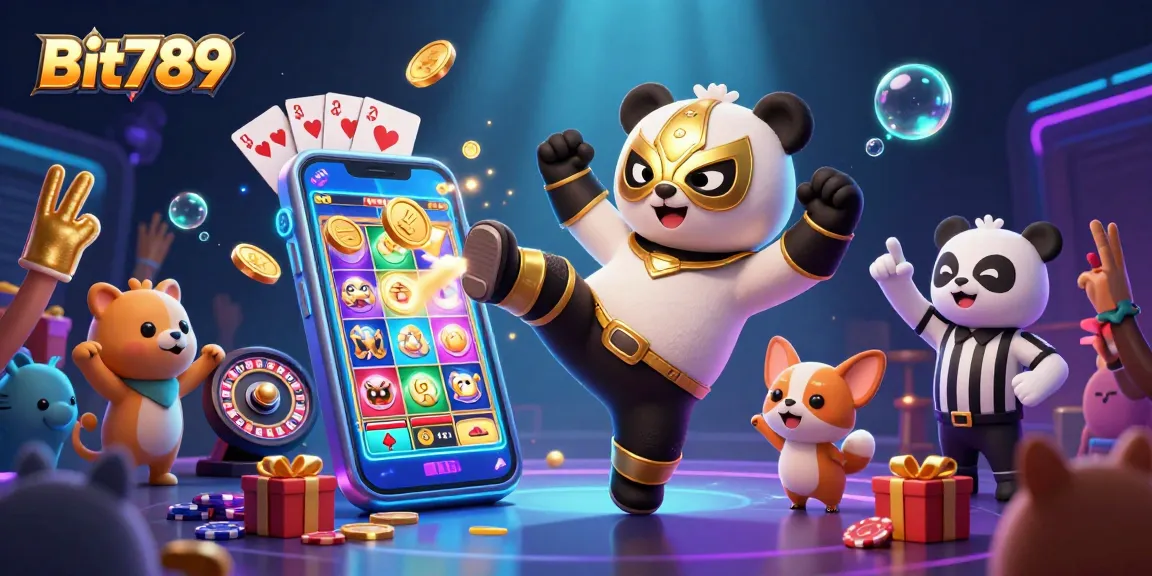Encounter the excitement of Bit789 with a lively panda wrestler amidst casino action.
