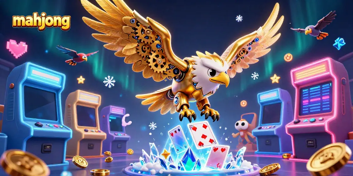 Mahjong di jalur kemenangan dikelilingi kartu holografik dan mesin permainan 3D yang berkilau.