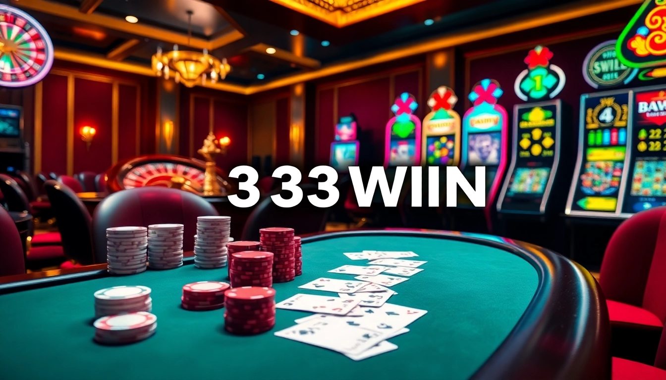 Experience the thrill of 33WIN in a luxurious casino setting with poker chips and vibrant slot machines.