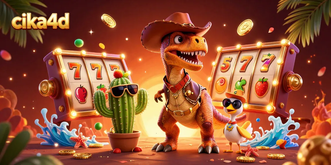 Cika4d showcases thrilling casino excitement with a T-Rex surrounded by vibrant slot elements.