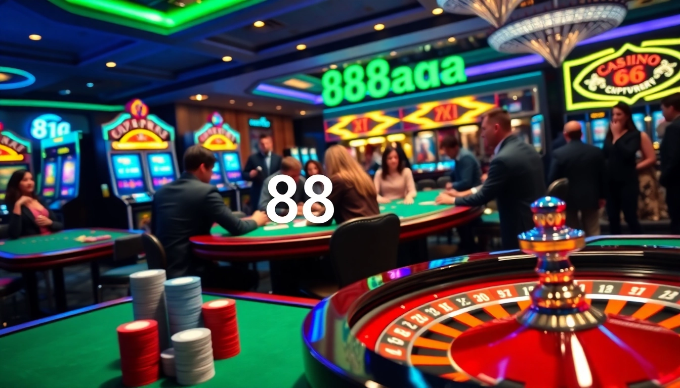 Players enjoying a thrilling casino experience at 88aa, showcasing vibrant tables and slot machines.
