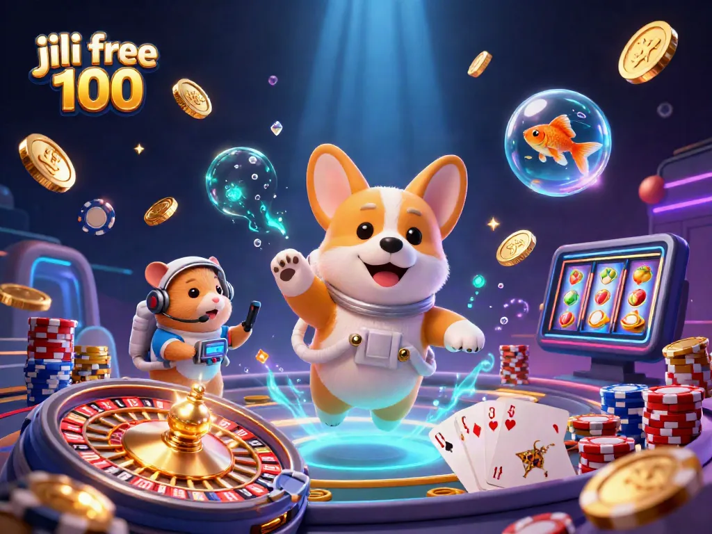 Spin and win with jili free 100 in a lively casino scene featuring fun characters.
