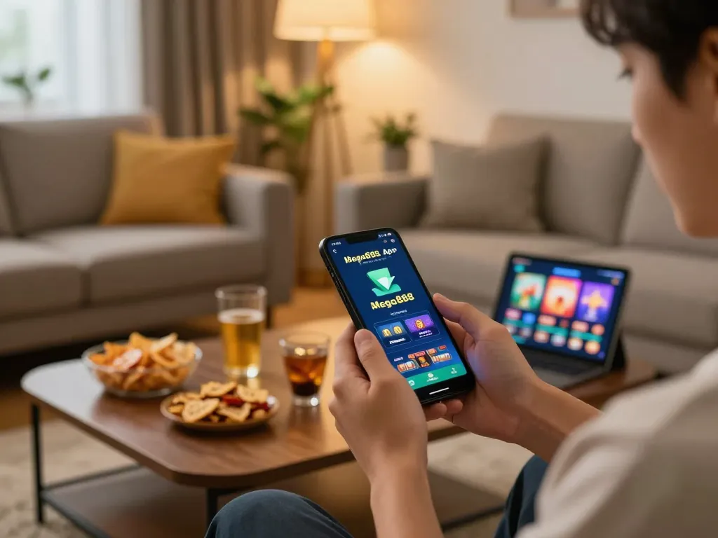 Suasana rumah yang menarik di mana pemain memuat turun mega888 di telefon pintar mereka, mempamerkan penyelesaian yang selesa.
