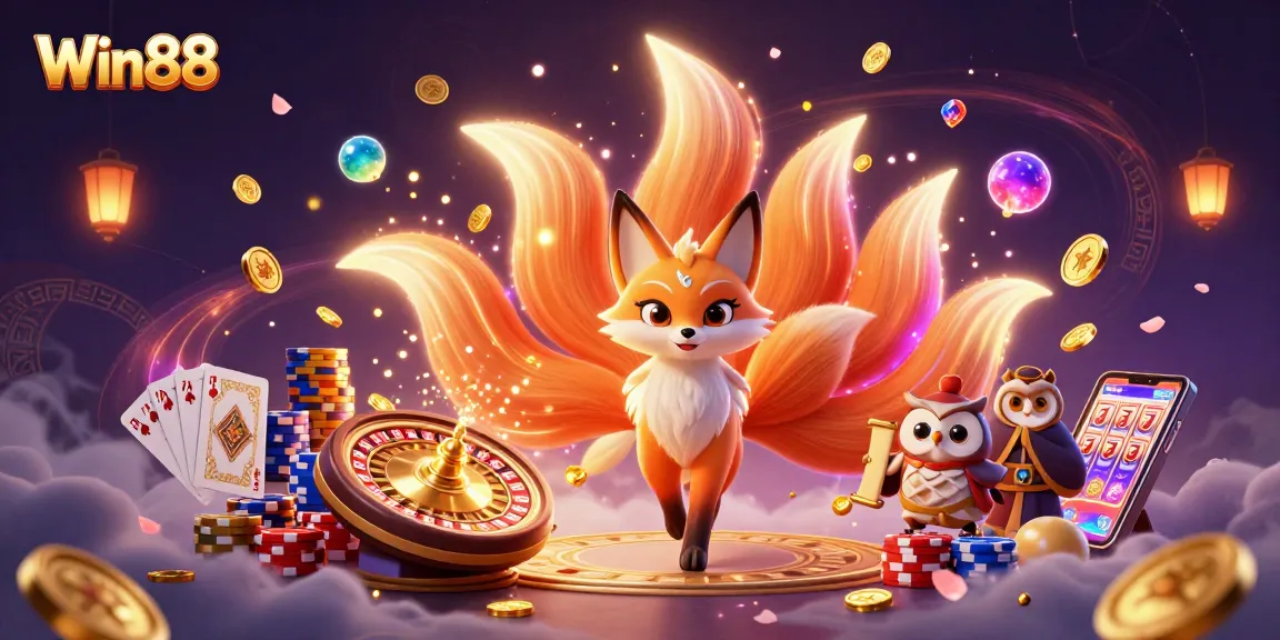 Win88 offers thrilling gaming experiences with vibrant characters and casino elements in an enchanting illustration.