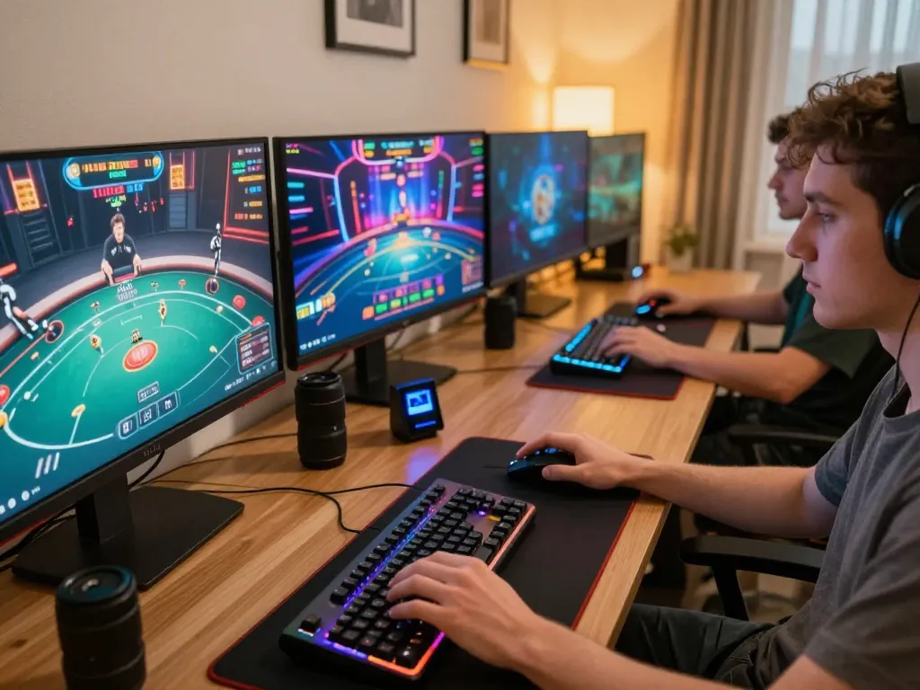 Hitclub player enjoying online gaming strategies at a vibrant home setup