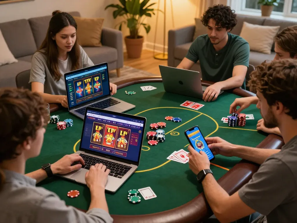 Kuwin players enjoying online casino games on laptops and smartphones in a cozy home setup