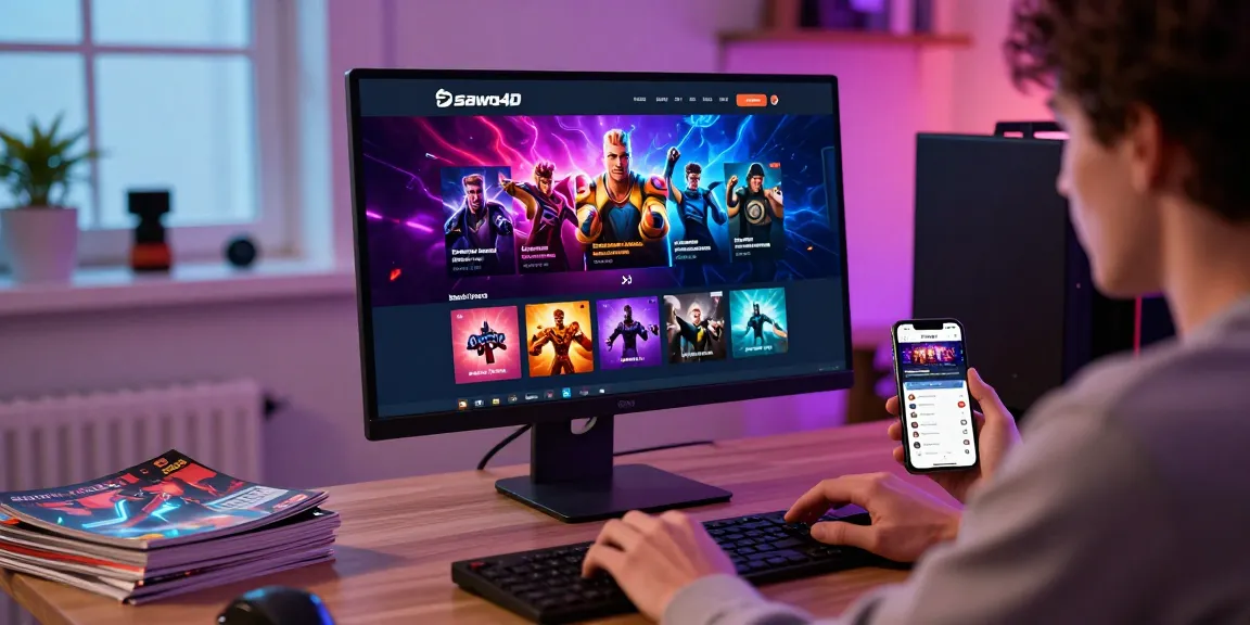 Sawo4D resmi user interface showcasing online gaming options on desktop and mobile, vibrant gaming atmosphere.