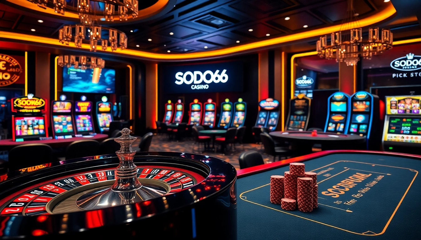 SODO66 casino scene with roulette wheel, poker chips, and slot machines showcasing excitement.