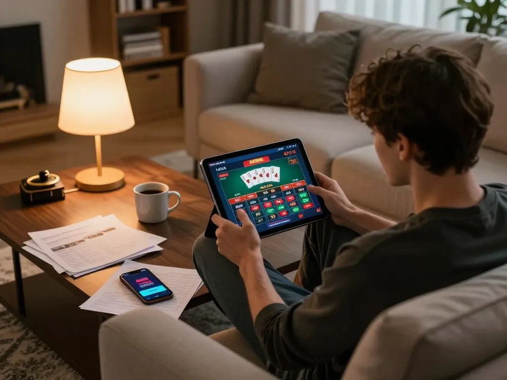 Person engaged with the KKWIN online casino platform on a tablet at home, highlighting a strategic gaming moment