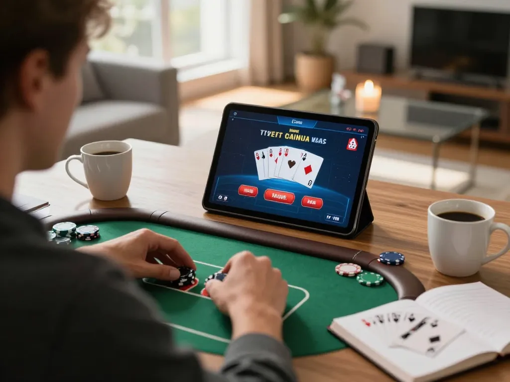 Engaging in a strategic B52CLUB poker game on tablet in a cozy home setting