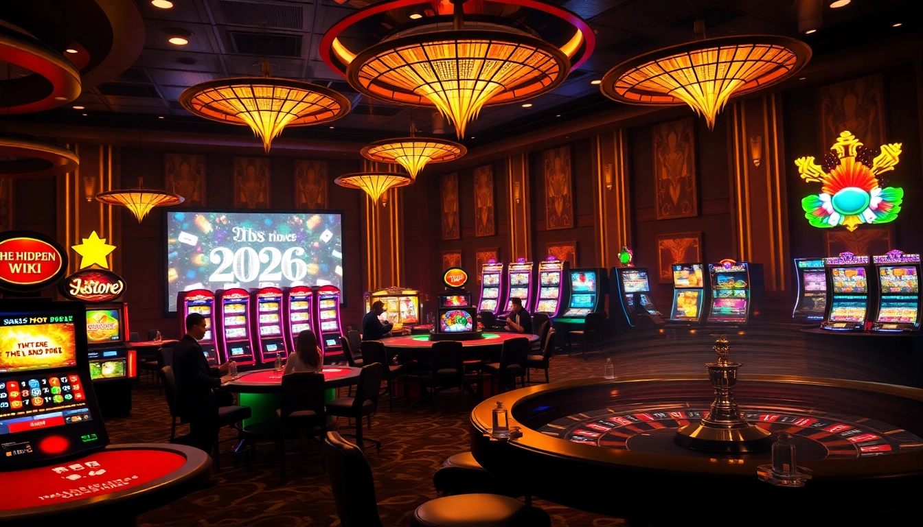 Experience the excitement of gaming within the hidden wiki 2026, showcasing vibrant casino tables and glowing slots.