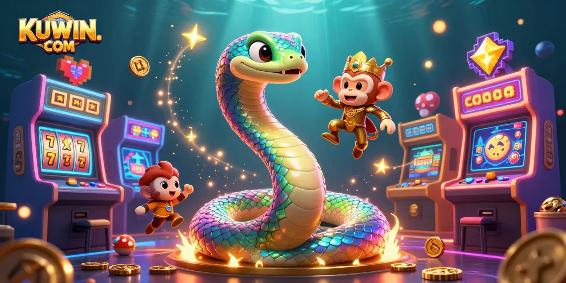 Join exciting games at KUWIN. COM featuring vibrant 3D illustrations of lucky jackpots and gaming fun.