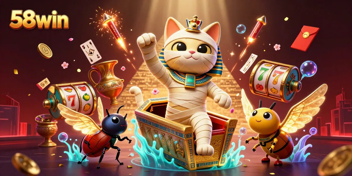 Experience thrilling casino excitement with 58win's vibrant mummy cat and gold symbols