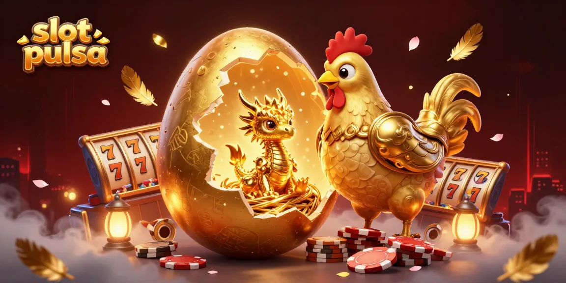 Menikmati permainan slot pulsa dengan petarung naga emas berkilau, dikelilingi simbol permainan kasino.