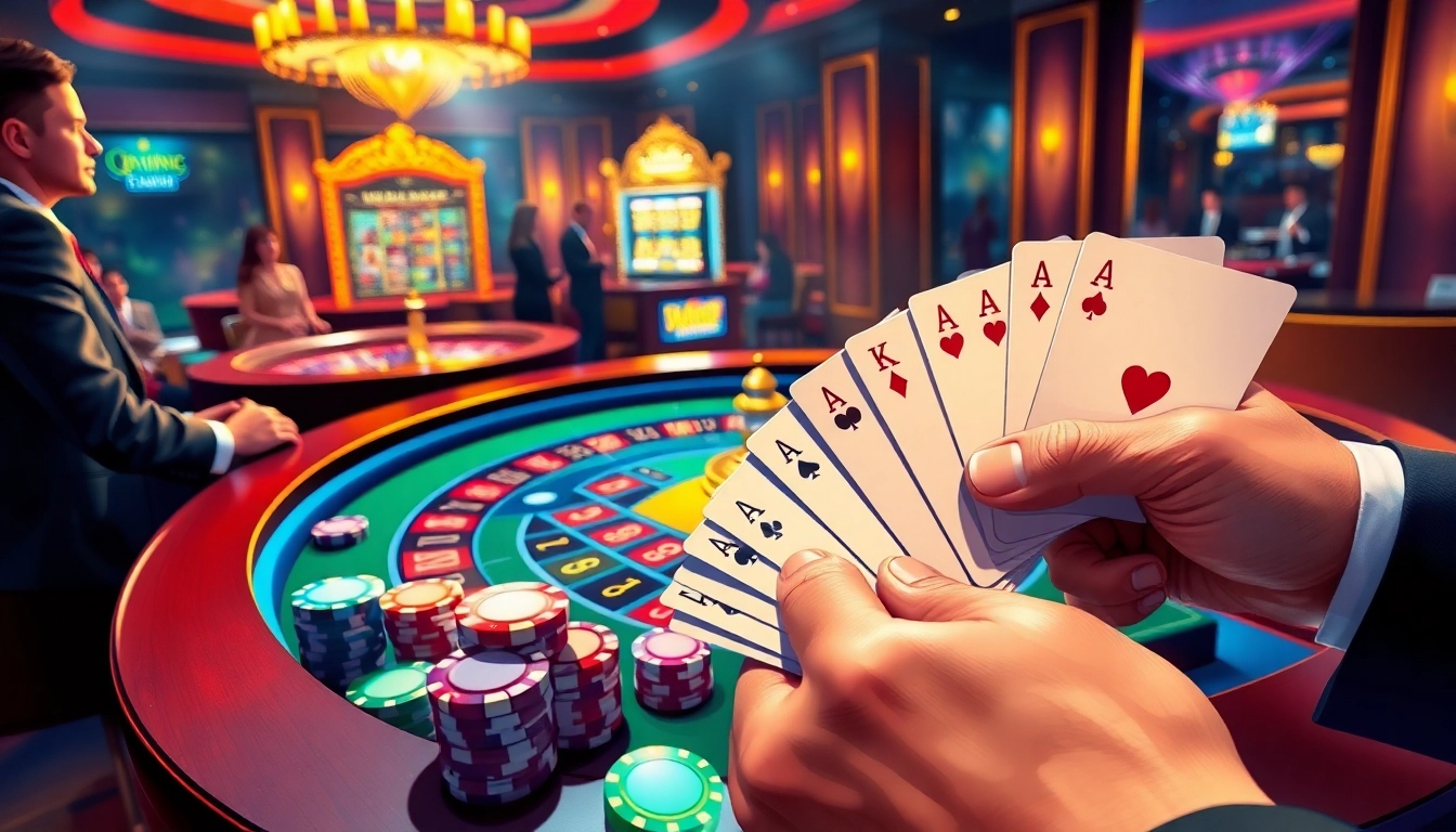 Experience the excitement of gambling at https://www.bdtk66.my/ with vibrant poker chips and a roulette table.
