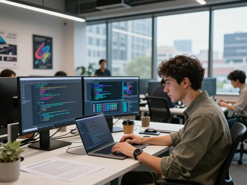 Professional software engineer engaged in AI development, showcasing juicy ai algorithms in a vibrant and dynamic tech workspace.