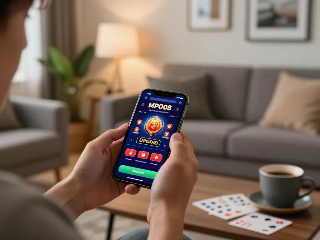 MPO08 player engaging with casino app on smartphone in a stylish home setting while practicing responsible gambling.