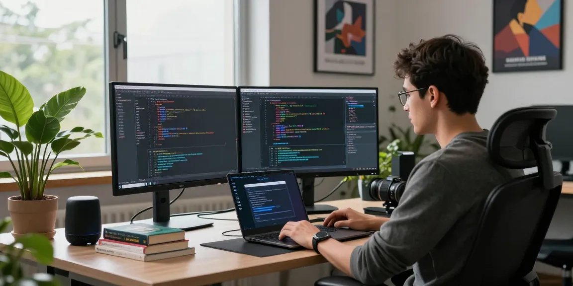 Developer utilizing moltbot in a modern workspace with dual monitors and coding tools.