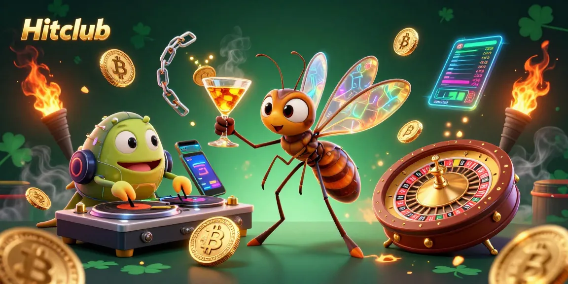 Hitclub casino illustration showcasing a frozen mosquito mascot with a golden cocktail, spinning roulette wheel, and vibrant crypto elements.
