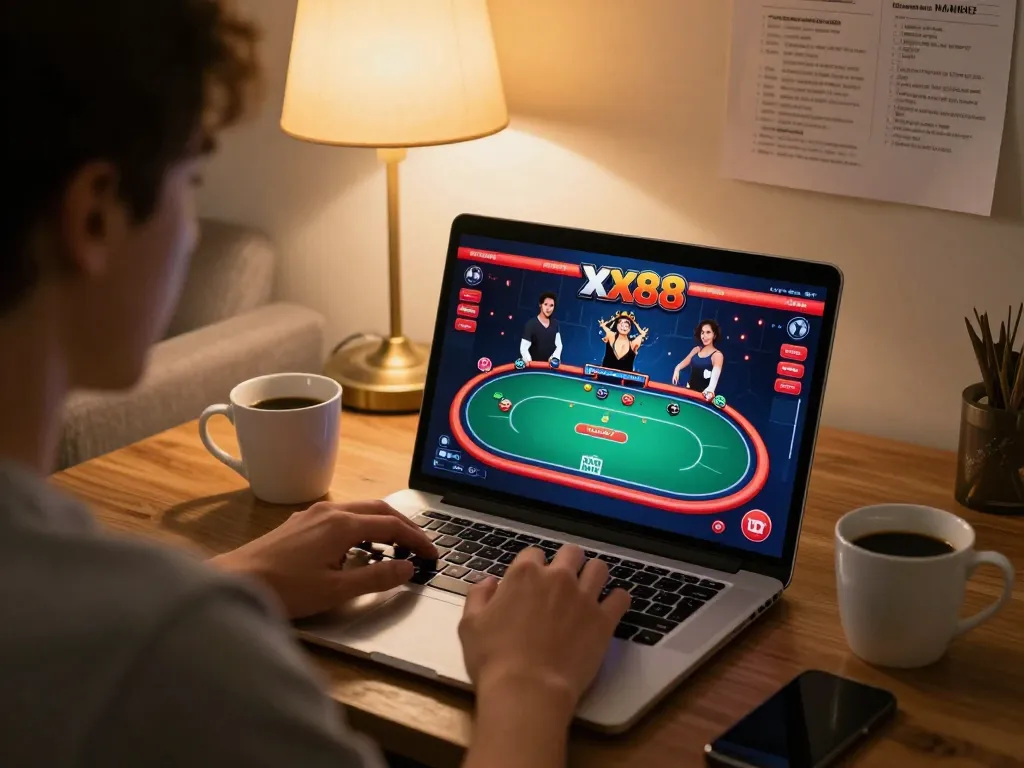 Engaged player exploring xx88 online casino features at home, highlighting strategic poker gameplay.