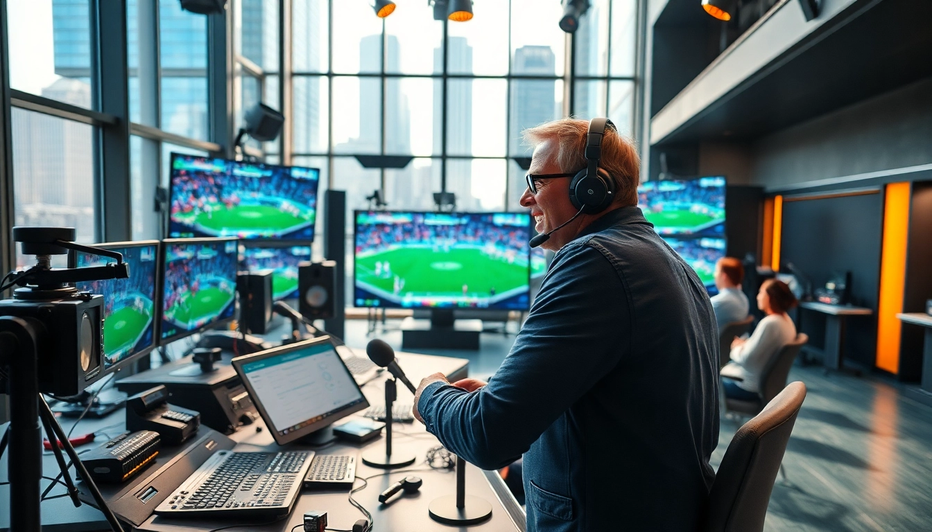Engaging sports broadcasting scene with equipment, commentator, and live screens reflecting dynamic experience.