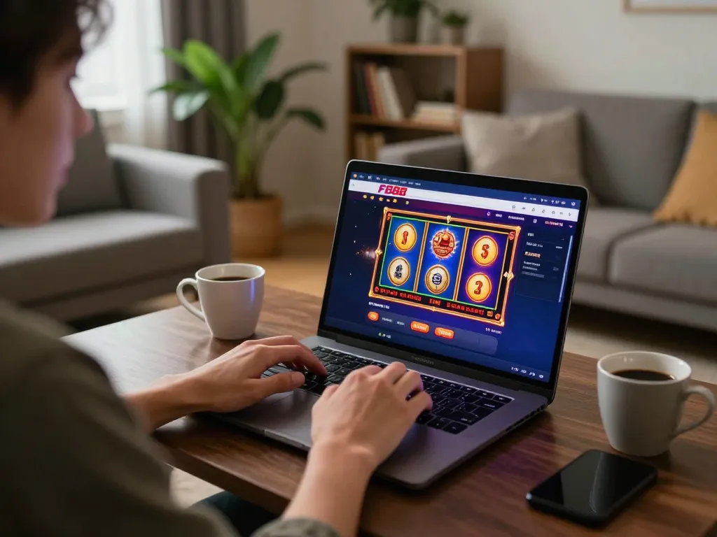 Engaging online gaming experience with FB88 displayed on laptop, showcasing comfortable home setup