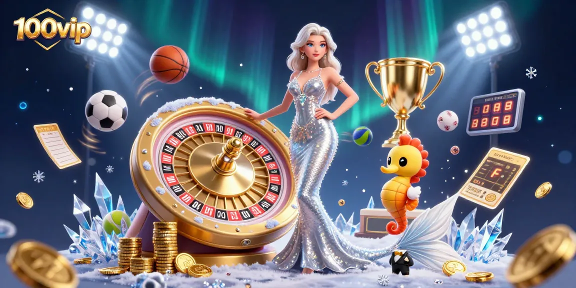 Experience thrilling games with 100vip in a captivating 3D casino scene filled with vibrant elements.