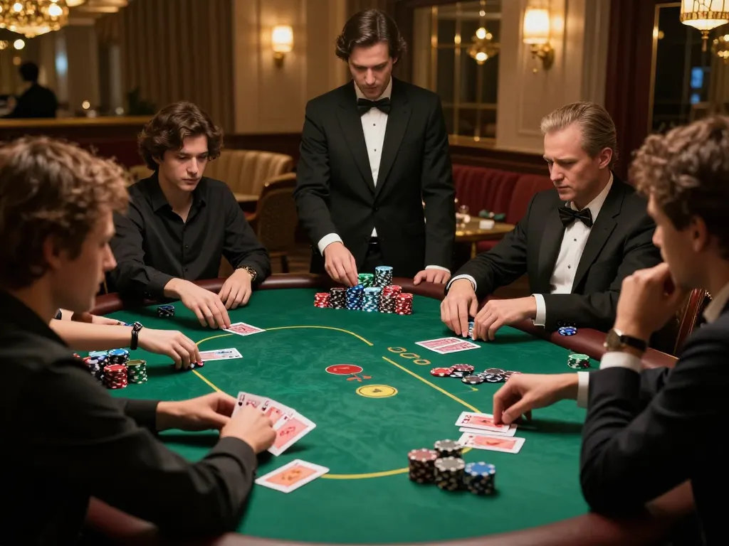 RR88 players strategizing at a vibrant poker table under warm casino lights.