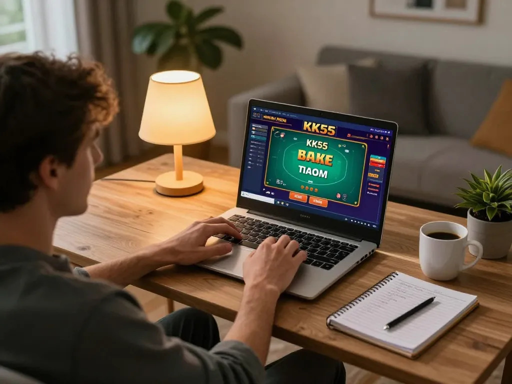 Player enjoying KK55 online poker session at home with strategic notes and cozy atmosphere