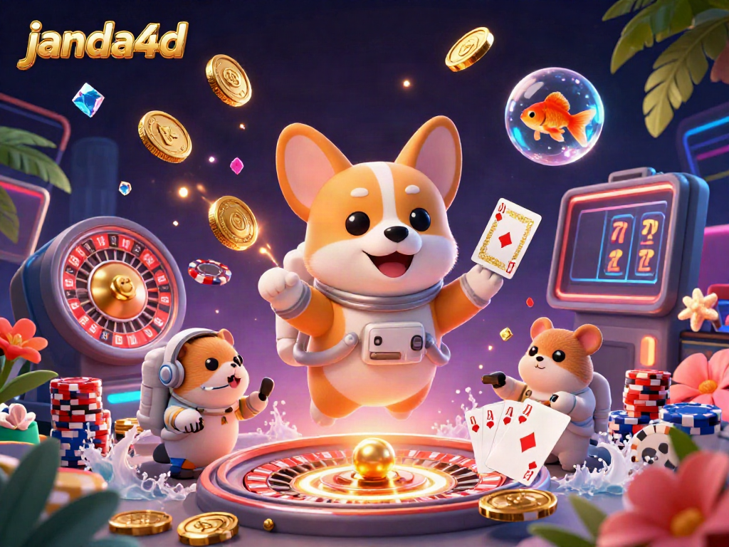 Visualisasi ceria permainan janda4d dengan karakter lucu dan elemen kasino mengalir.