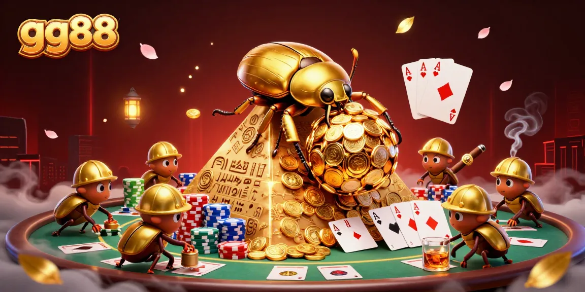 Experience thrilling action at gg88 with cartoon beetles amidst golden coins and poker elements.