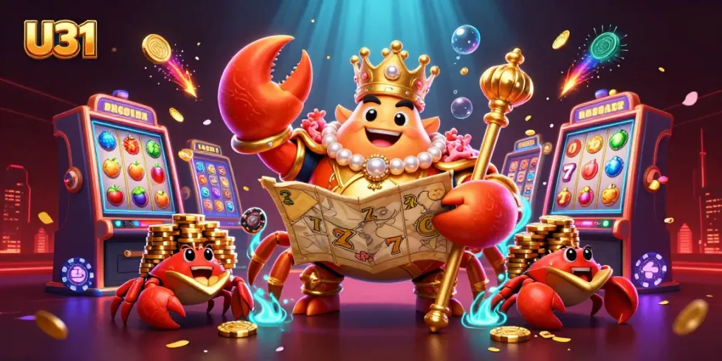 U31's golden crab emperor reveals thrilling slots gameplay with vibrant casino elements.