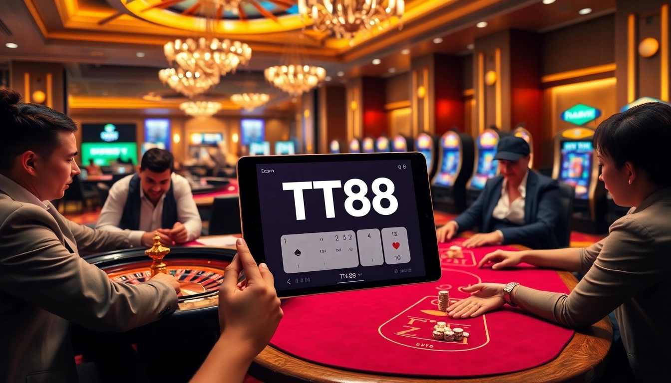 Engage with TT88's vibrant casino experience featuring players at roulette and blackjack tables.