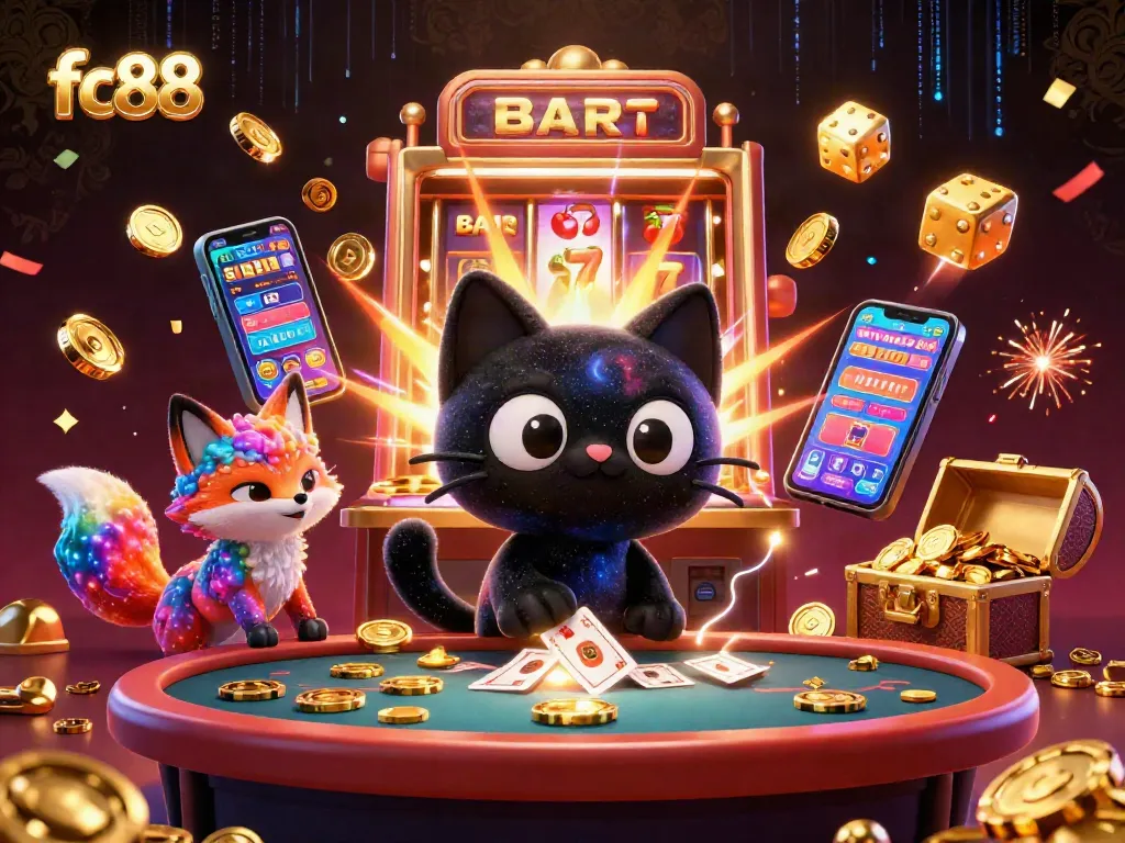 Win big with fc88 as a cosmic black hole cat and colorful nebula fox spin the jackpot!