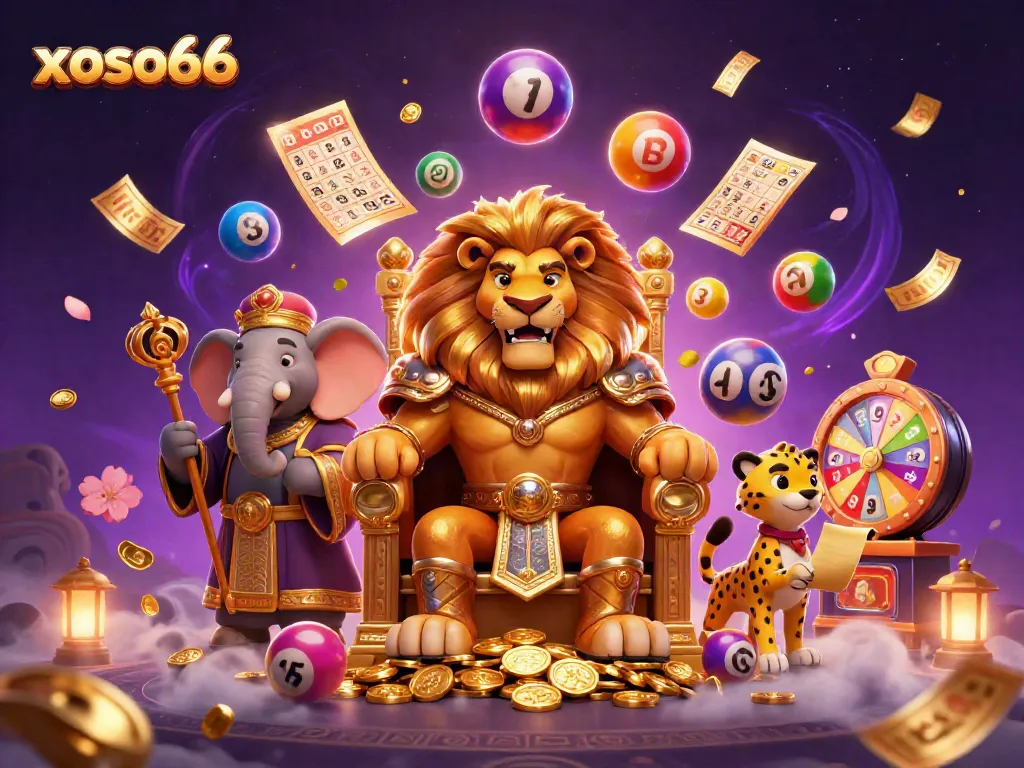 Xoso66 offers a vibrant illustration of a lion king, elephant advisor, and cheetah messenger in a dynamic scene of lottery excitement.