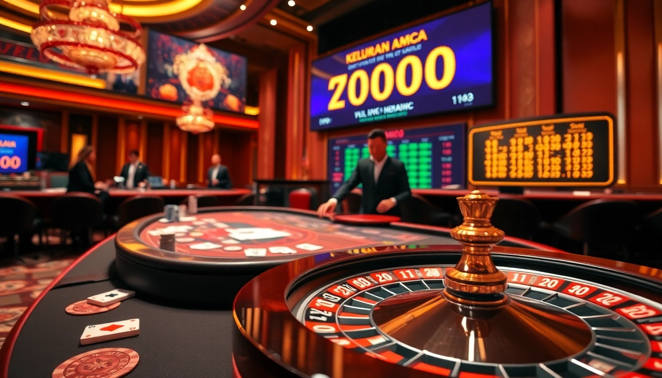 Check Keluaran Macau live draw results on an elegant casino table with roulette and cards.