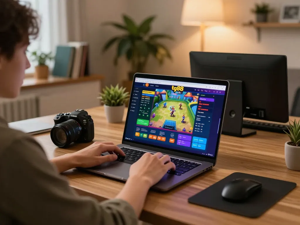 Player enjoying tg88 online casino game on a laptop in a cozy home setting