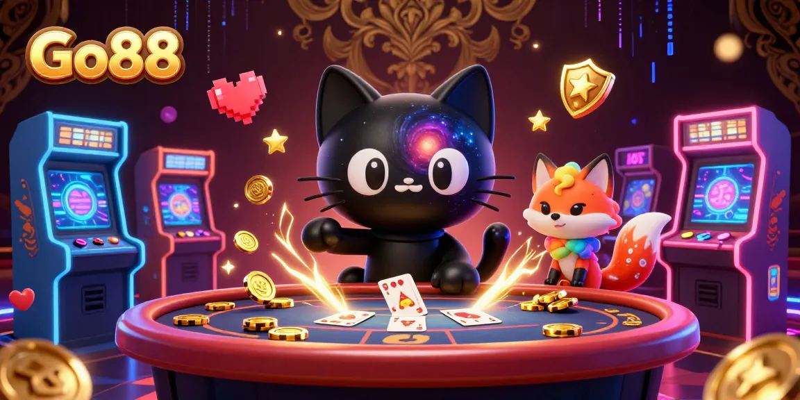 Engage with Go88's cosmic casino featuring vibrant 3D characters and gaming elements.