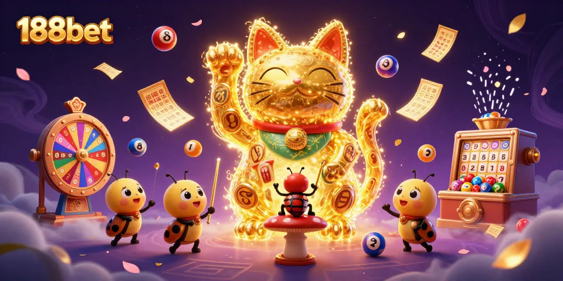 Engage with the lively 188bet online gaming experience featuring a vibrant lucky cat and casino elements.