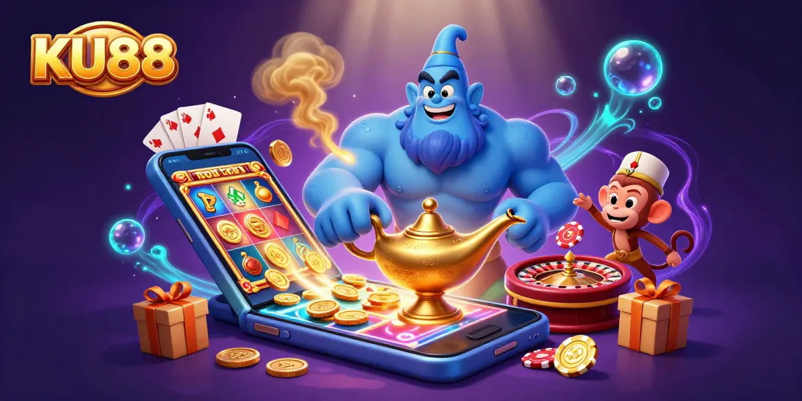 Engage with KU88's vibrant casino magic, featuring a lively genie and poker elements.
