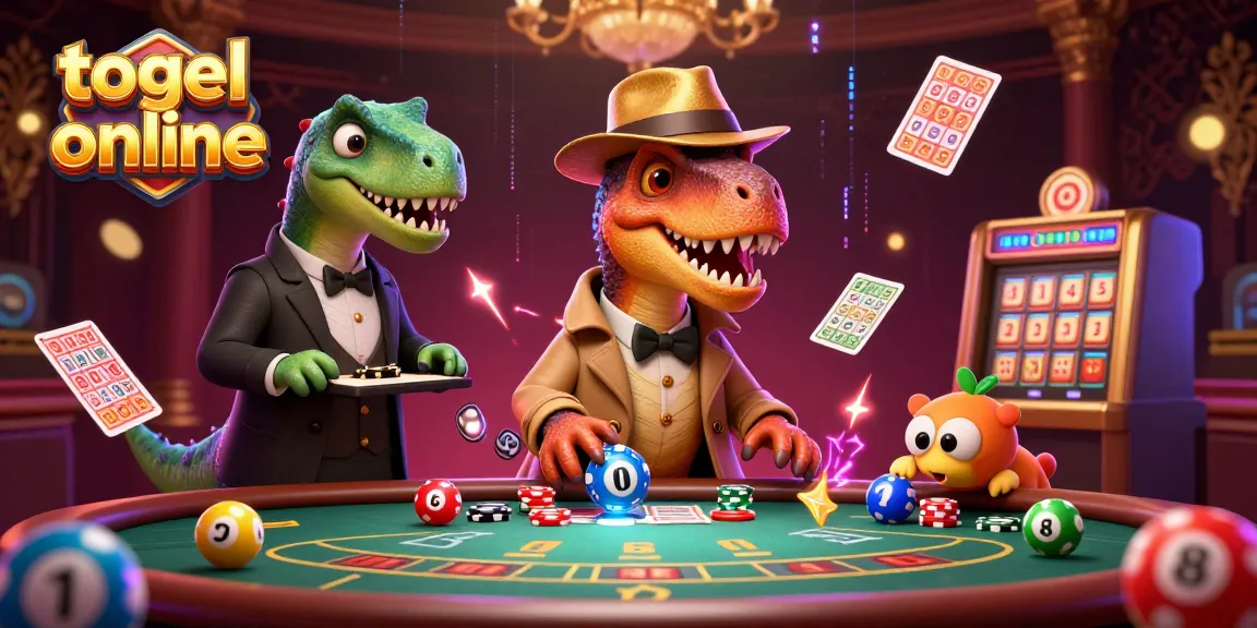 Togel online lottery balls and cards surround a velociraptor trying to blend in at a casino table.