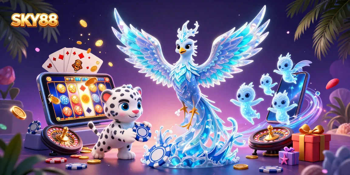 Engage with SKY88 casino excitement in a vibrant 3D scene filled with dynamic gaming elements.