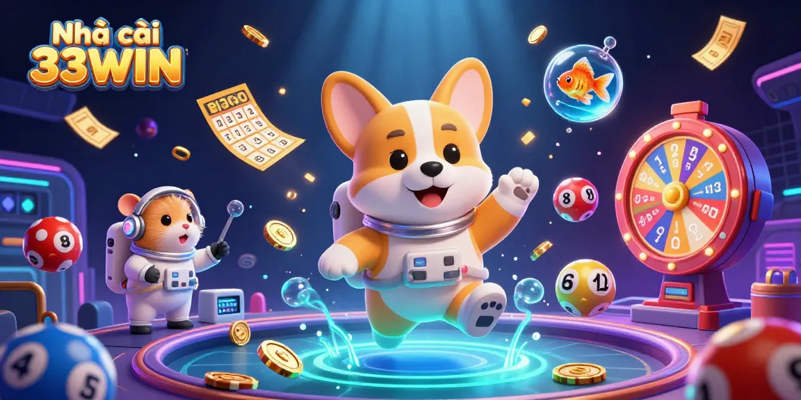 Engaging gaming scene with Nhà cái 33WIN featuring astronauts, lottery balls, and interactive casino elements.