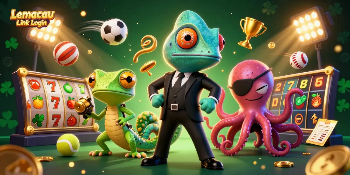 Lemacau Link Login showcases a vibrant illustration of a cartoon chameleon agent with casino-themed elements